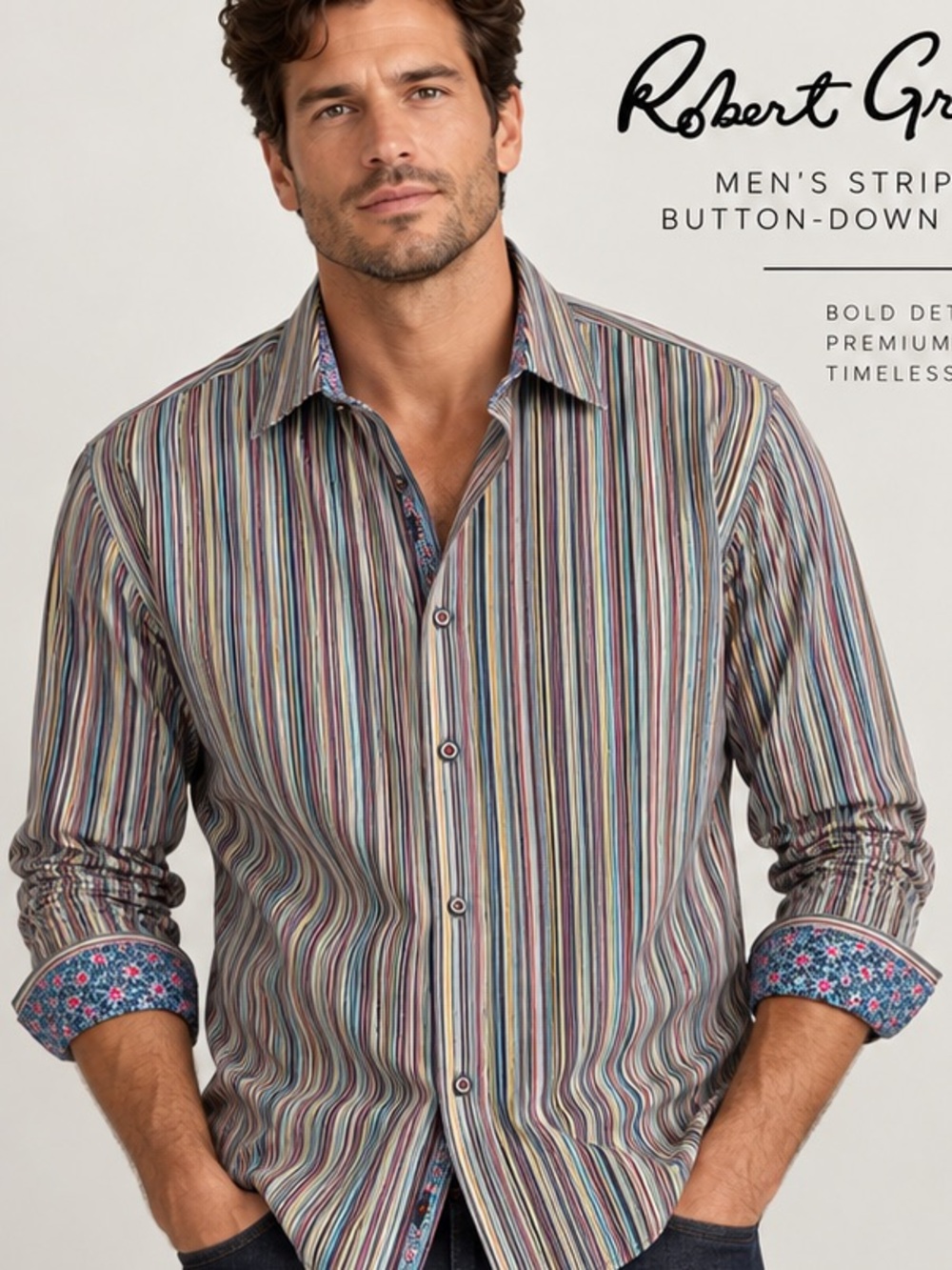 Robert Graham Multicolor Stripe Button Down Shirt‎ Floral Cuffs Men's 2xl
